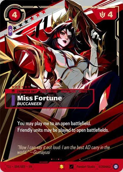 Riftbound card: Miss Fortune – Buccaneer (T1S-004 Serialized Promo)